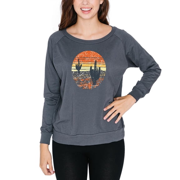 Vintage Cactus Sunset Juniors Long Sleeve Slouch Top Grey X-LG