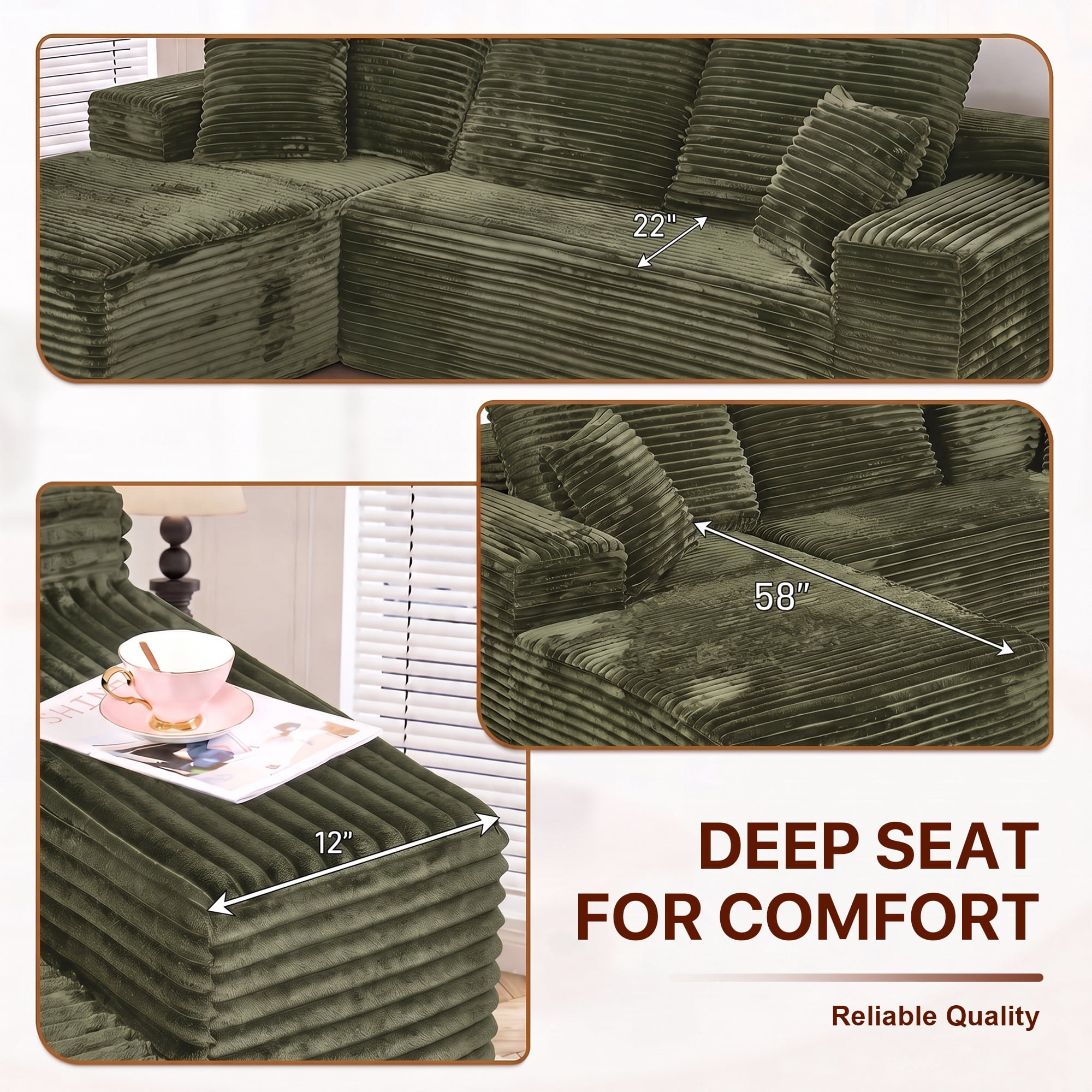 Aukfa 108" Cloud Sectional Sofa Deep Seat Boneless Couch Modular L-Shaped Couch, Left Chaise Corduroy Sofa for Living Room, Green