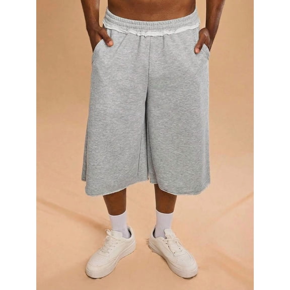Men's gray athletic shorts, wide-leg and mid-length with an elastic waistband, casual for everyday wear.