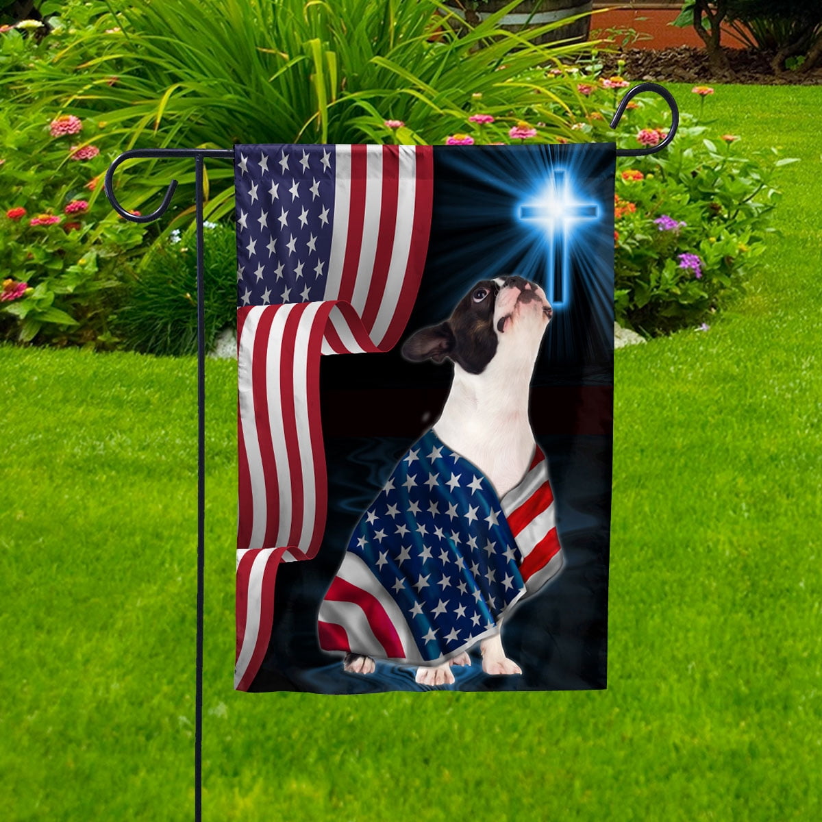 Boston Terrier Dog Wearing Flag American Faith Cross 4th of july, Dog Decor American Flag House Flag, Double-Sided Decorative Outdoor Flag, Polyester Yard Flag 29.5 x 39.5 in