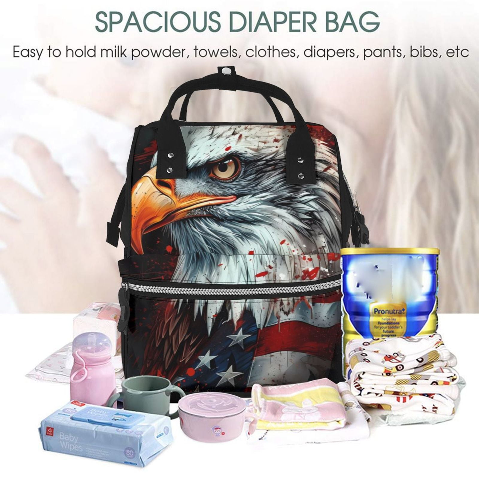 Fuzoiu USA Bald Eagle Print Diaper Bag Backpack,Baby Essentials Travel Tote,Multi function Waterproof Diaper Bag, Travel Essentials Baby Bag - Unisex