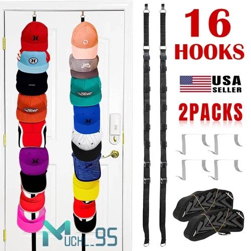 2Pcs Baseball Cap Hat Rack Wall Door Hanger Holder Storage Organizer 16 Hooks