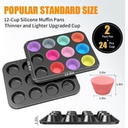 MWAOWM 2 Pcs Muffin Pan with 24 Silicone Baking Cups, 12 Cup Nonstick Cupcake Pan, Black