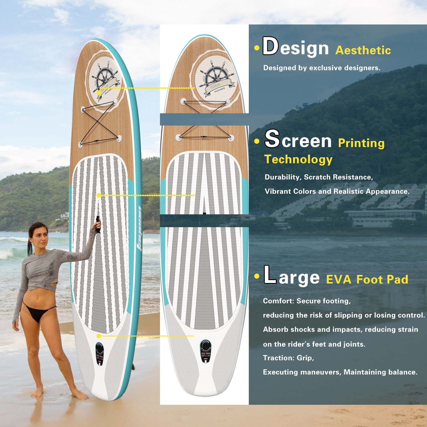 Inflatable Stand Up Paddle Board 10.5’/11’×33”×6” Non-Slip Deck, Complete SUP Accessories for All Skill Levels, Wide Seat & Safety Leash, 3 Fins, Adjustable Paddle, Pump & Backpack