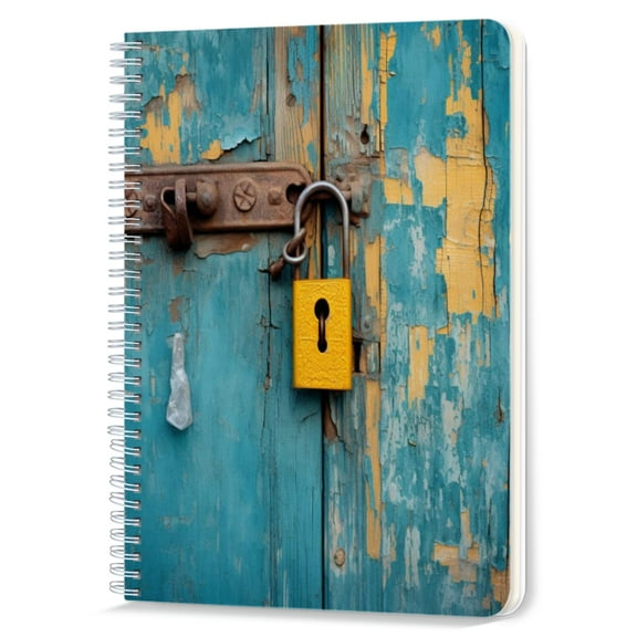 Spiral Notebook,Double-Wire Spiral College Lined Journal Notebook for Study and Notes,100 Pages,5.71x 8.26 in - Weathered Wooden Door with a Yellow Padlock