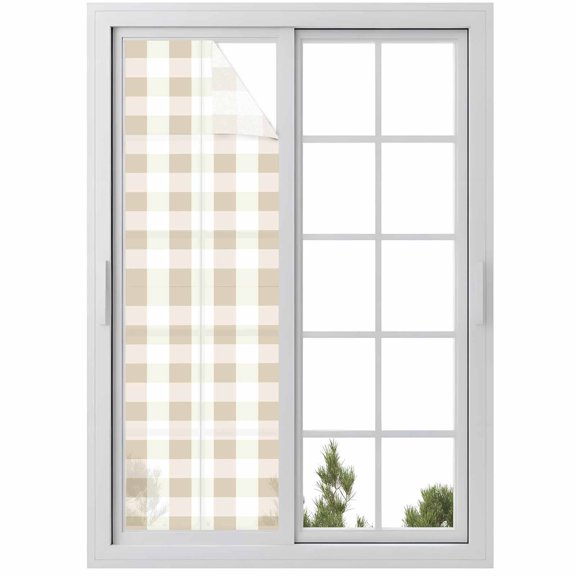 No Glue Heat Blocking Window Flims, Cream White Buffalo Check Window Privacy Film Frosted, Farmhouse Plaid Modern Geometric Peep-proof Door Windows Tint for Bathroom, Dormitory, 17.7 x 78.7 Inches