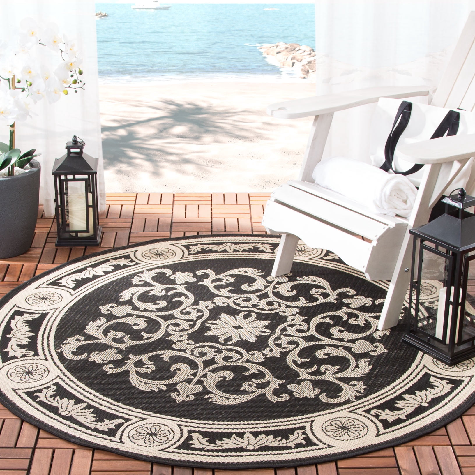 Safavieh Courtyard Cynthia Oriental Indoor/Outdoor Area Rug, Black/Sand, 6'7" x 6'7" Round
