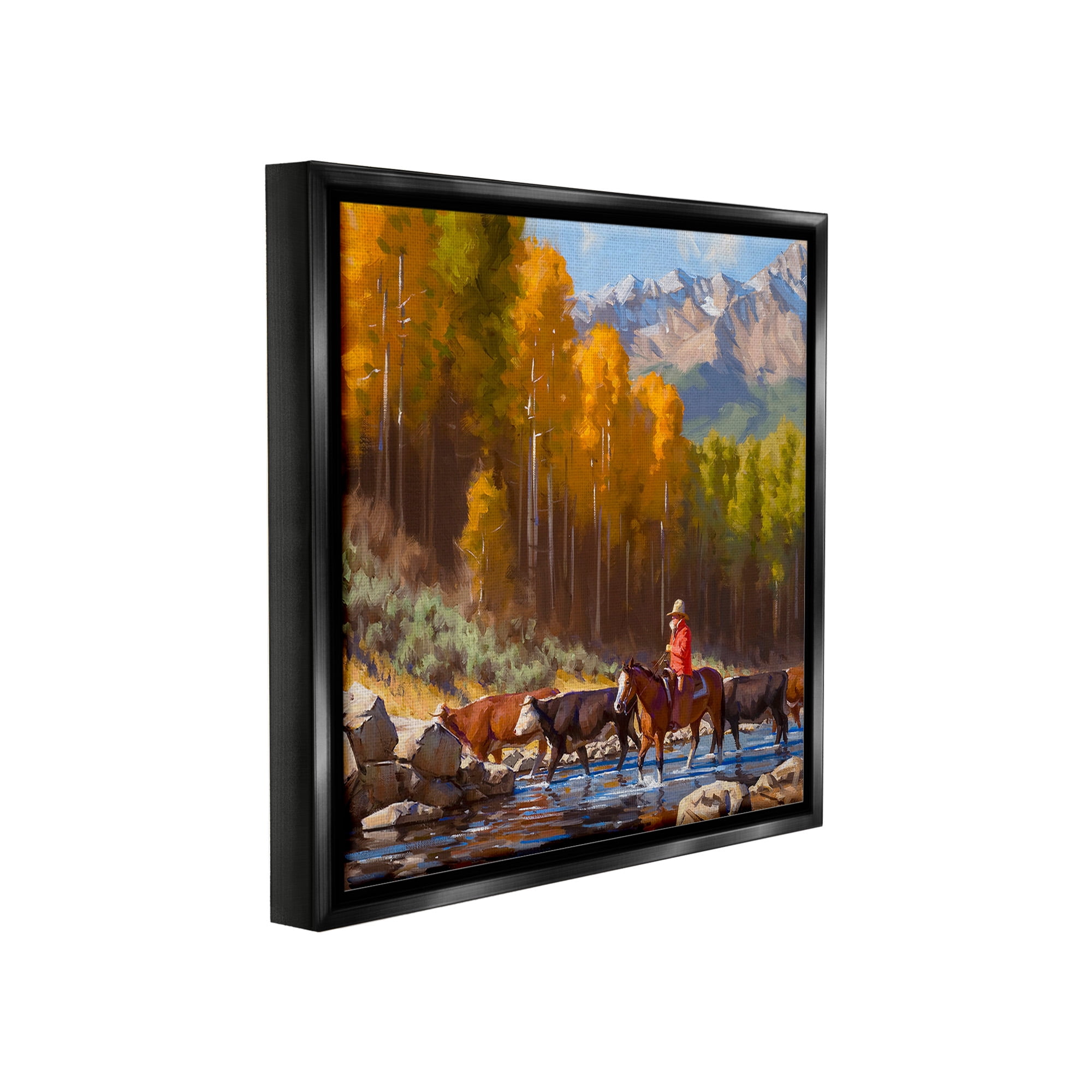 Stupell Industries Herding Cattle Through Stream Landscape Painting Black Floater Framed Canvas Art Print Wall Art, 18 x 18