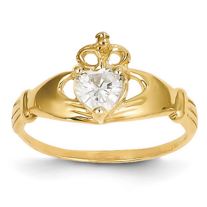Kevin Jewelers 14k Yellow Gold 5mm CZ April Birthstone Claddagh Heart