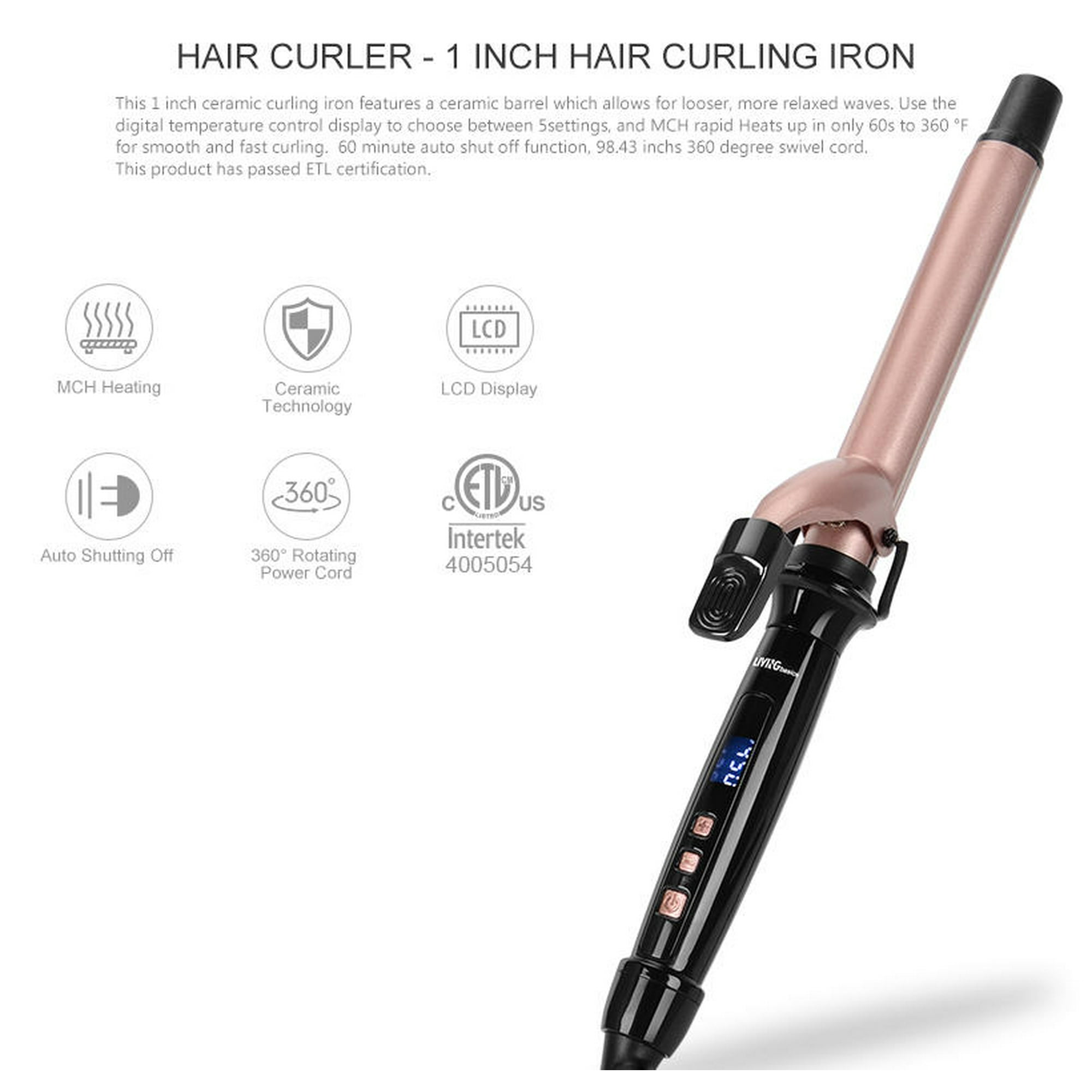1 Inch Hair Curling with Ceramic Technology and Anti Scald Insulated Wand Tip LCD Display Adjustable Temperature Auto Shut Off Function Walmart