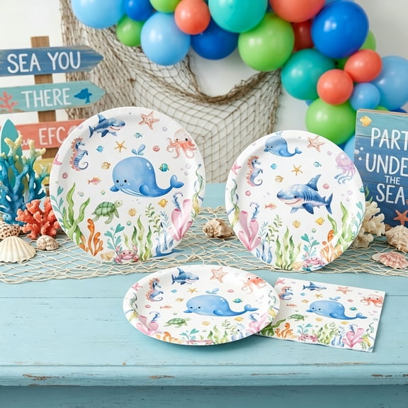 Under the Sea Party Supplies Set - Watercolor Ocean Creatures Design Disposable Tableware for Themed Gatherings