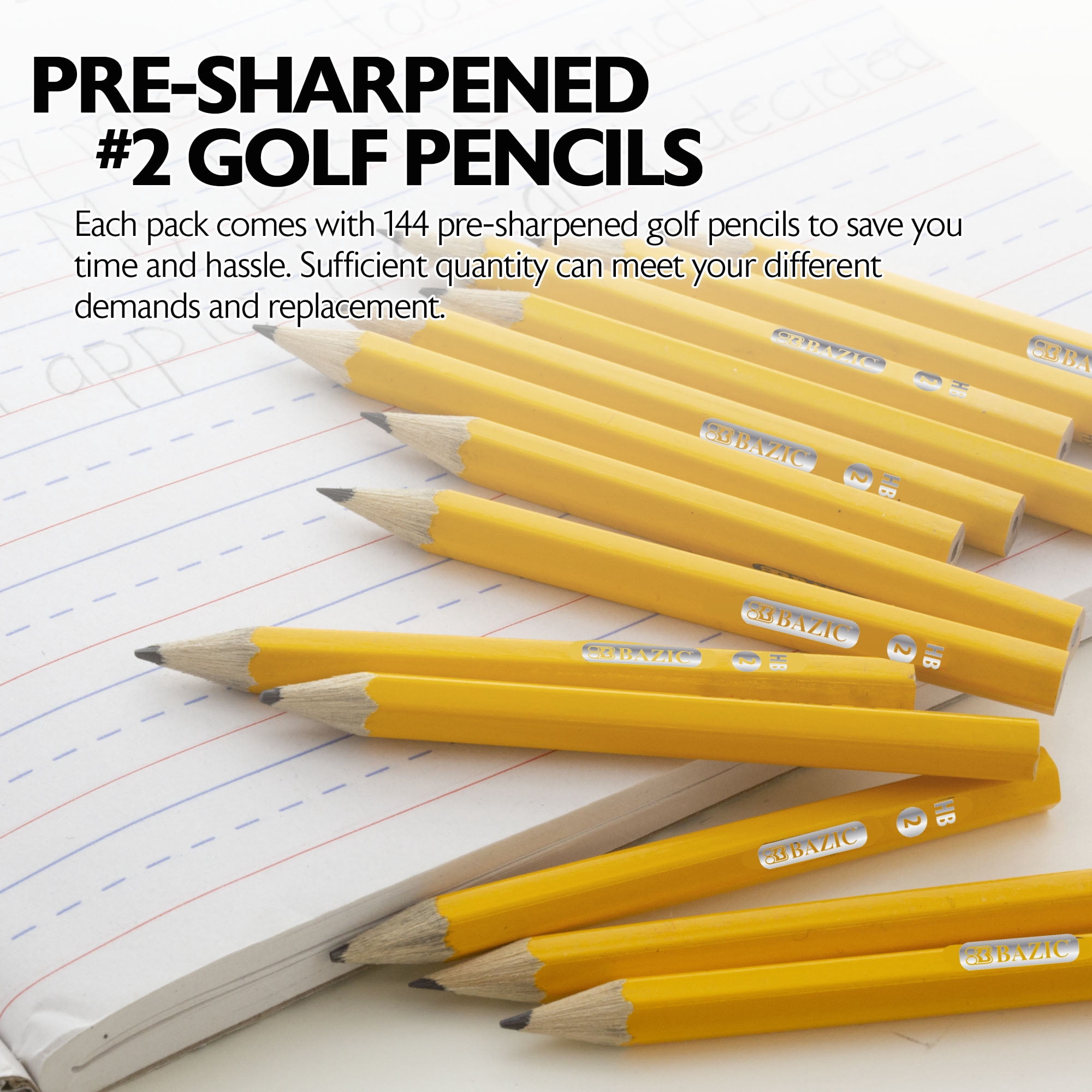 BAZIC Pre-Sharpened Yellow Golf Pencils #2 HB, Bulk Pack (144/Pack), 12-Pack