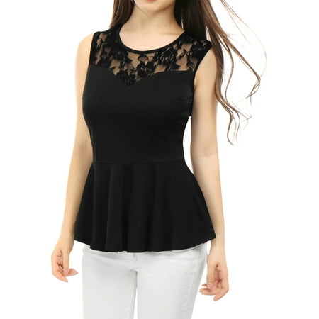 Sheer Black Lace Top - Women's Sleeveless Peplum Top with Sheer Lace Panel Black (Size XS / 2)