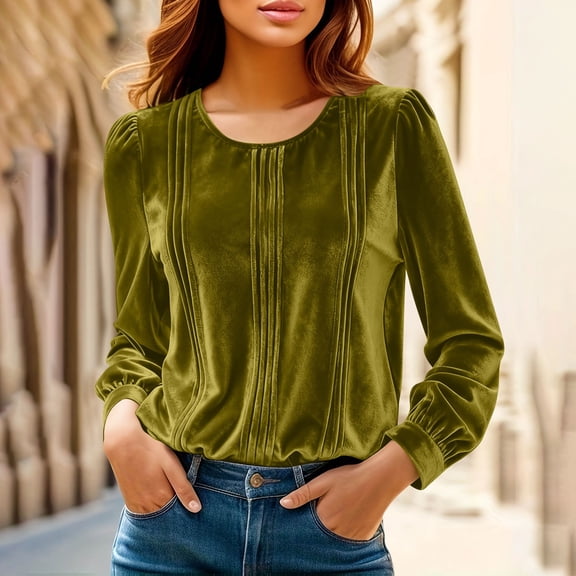 Qulqfy Long Sleeve Tops for Women Trendy Green Tunic Ruched Velvet Shirts Elegant Crew Neck Blouses Spring Tops for Women L
