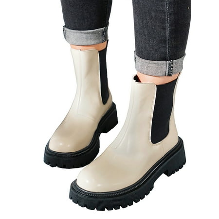 

WEARELLAS Womens Chelsea Chunky Sole Short Ankle Boots Slip On Round Toe Booties Spring Winter Fall