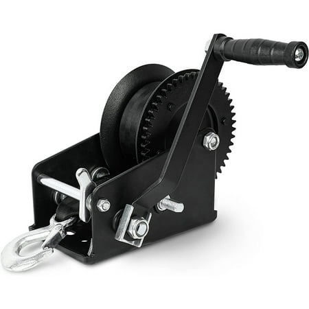 Manual boat trailer winch with heavy duty 3500Lbs gear, 30 foot strap and safety hook, portable hand cranked winch, for boat towing.