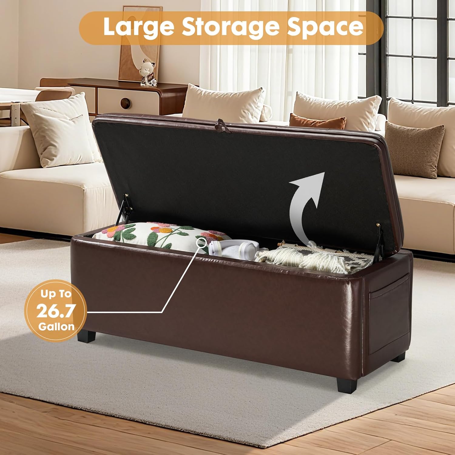 45 Inch Storage Ottoman Bench, Bench for Bedroom End of Bed, Ottoman with Storage for Living Room and Entryway (PU-Brown)