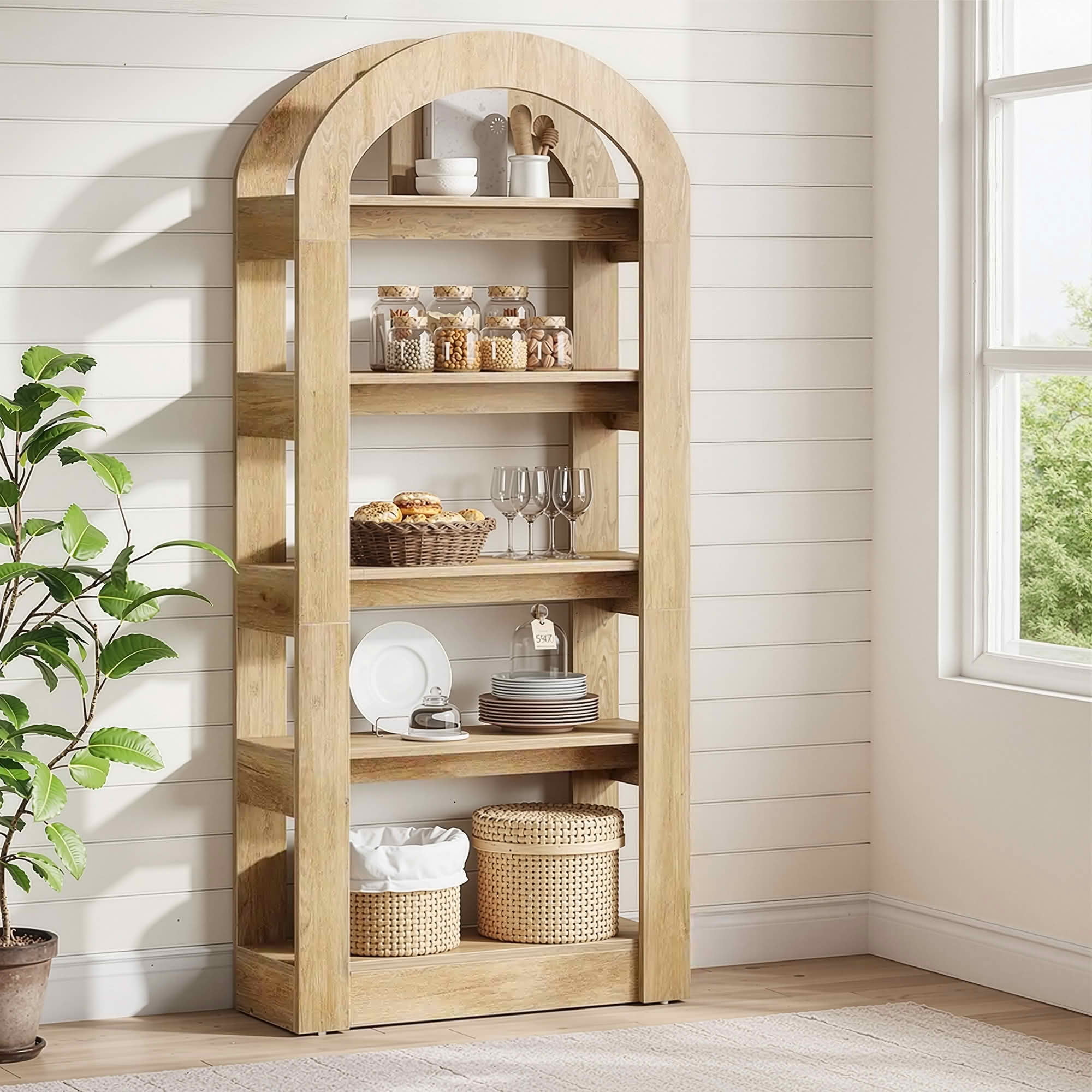 MAYEERTY Modern Arched 5-Tier Tall Bookcase, Heavy Load Storage Display Shelf, Multi-Functional Room Divider for Home & Classroom