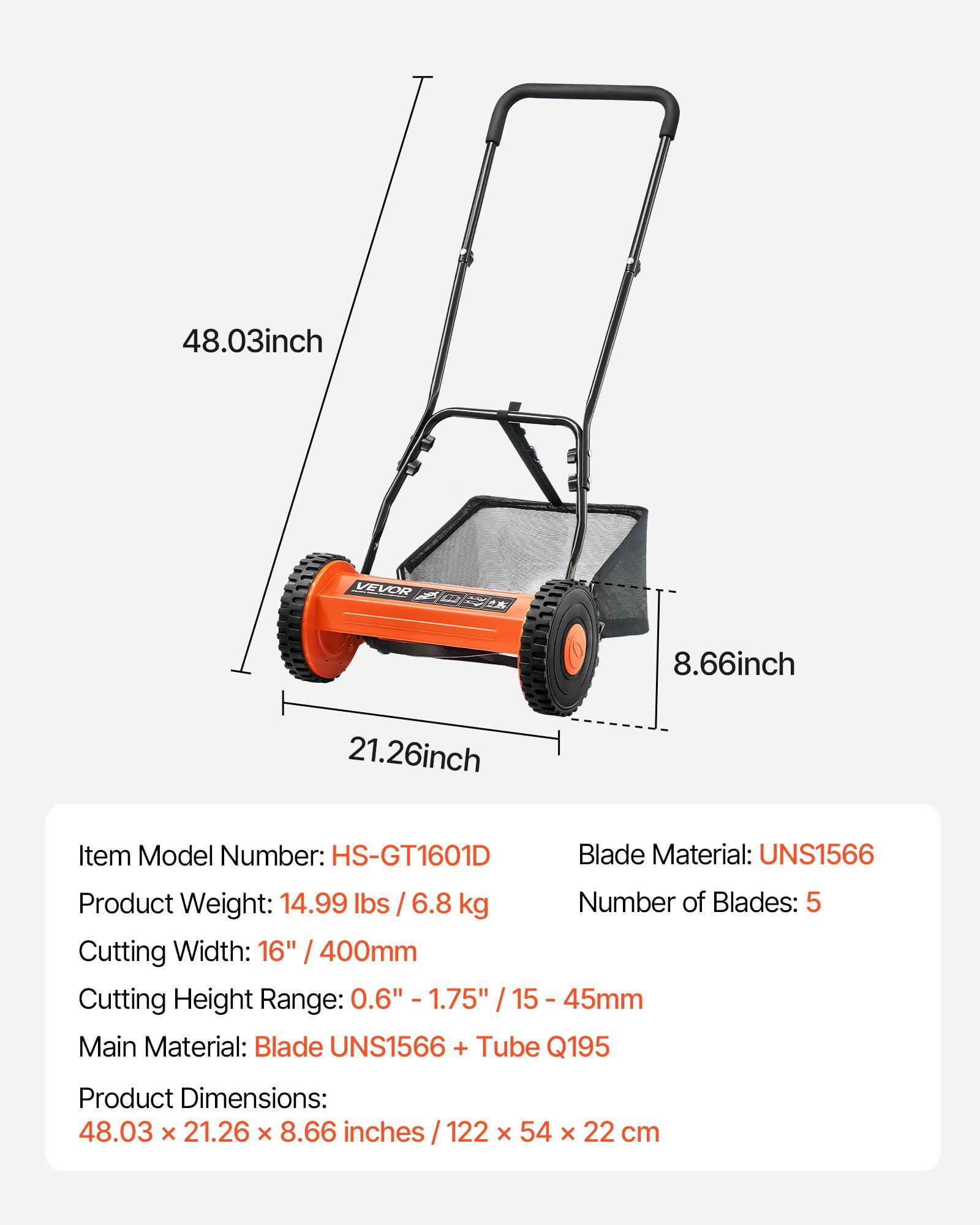 16" Manual Push Reel Lawn Mower 5-Blade Adjustable Height Grass Catcher 2 Wheels