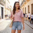 thumbnail image 3 of UDAUDU Womens Summer Tops 2026 Short Sleeve Button V Neck Waffle Knit Lightweight Drawstring Hoodies Spring Fashion Casual Blouses Shirts Pink L, 3 of 7