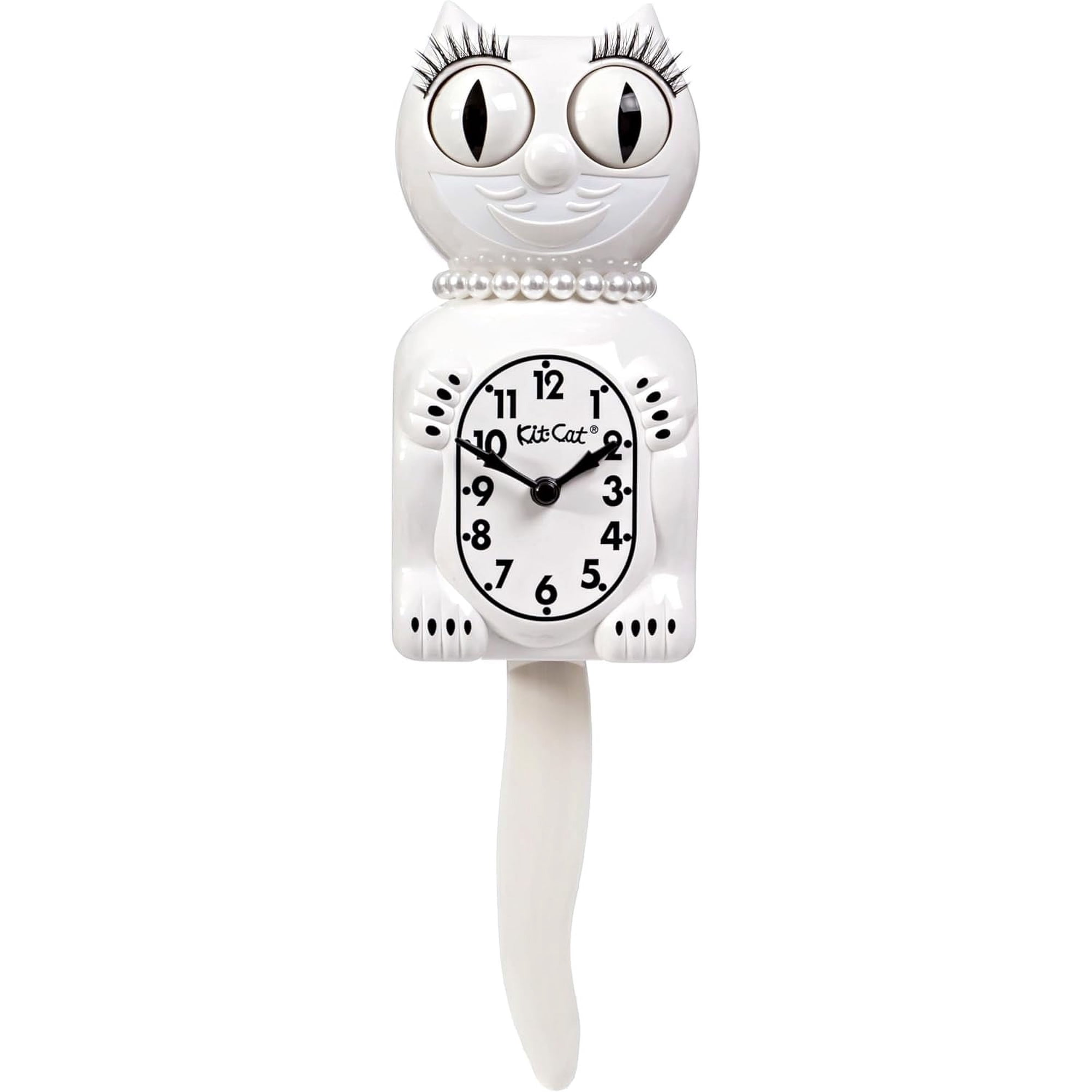 Kit-Cat Klock Limited Edition White Lady with Pearl Necklace & Eyelashes - Cat Clock with Moving Eyes and Tail Wall Clock