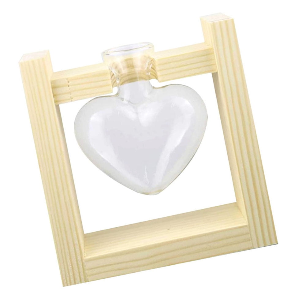 Love Heart Shape Clear Glass Hydroponic Flower Vase Terrarium w/Wooden Stand 