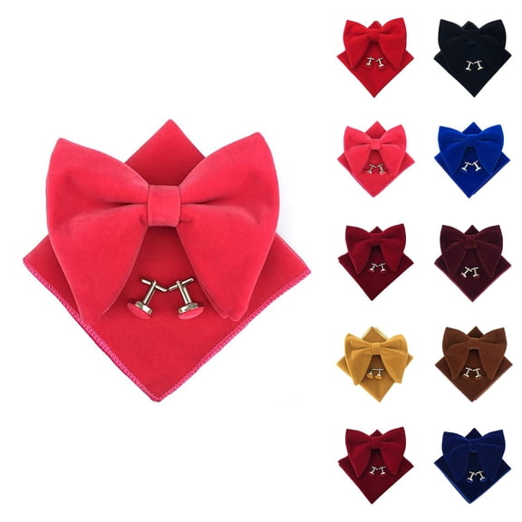 Velvet Bow Tie for Men, Pre-Tied Tuxedo Bowtie with Cufflinks & Hankie Combo, Classic Solid Color Retro Korean Style Formal Wear for Weddings and Events