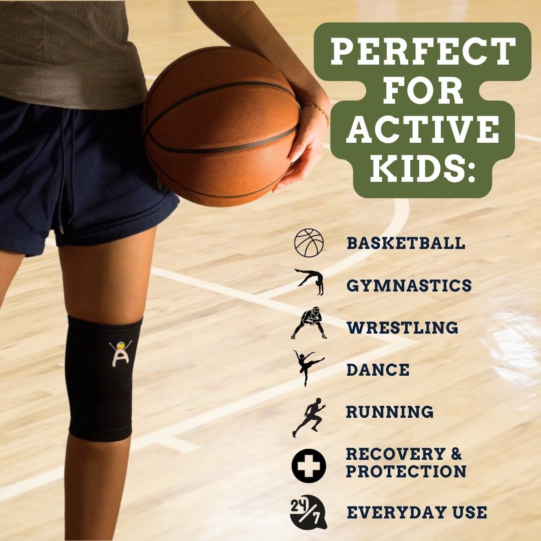 Kids Knee Brace Sleeve – Youth Knee Compression Support for Children | Knee Pain Relief & Sports Use – Boys & Girls Sizes for Basketball, Gymnastics, & Everyday Wear (1, Black, Medium)