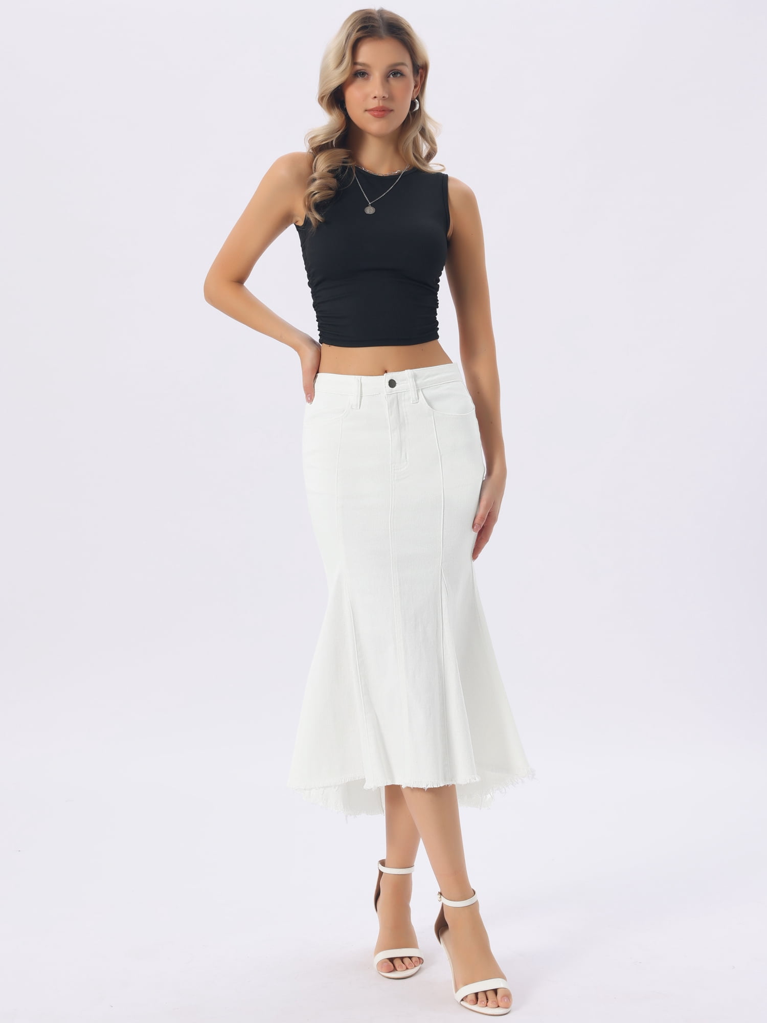 DARING DIVA Women's Raw Hem Fishtail Midi Skirt with Pockets Large White