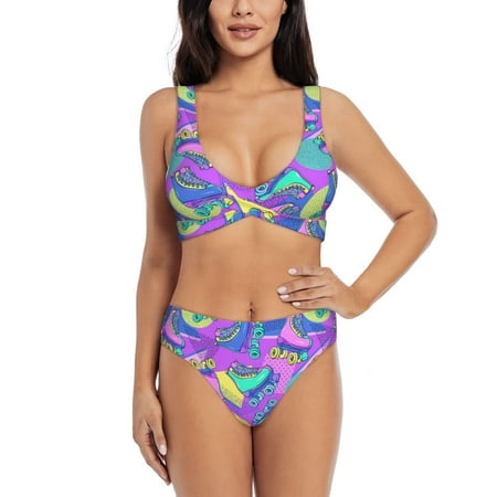 Zeuib Disco Roller Skates High Waisted Tummy Control Bikini Set - Knot Front Push Up Top & Cheeky Thong Bottom  Two-Piece Swimsuit for Women-Large