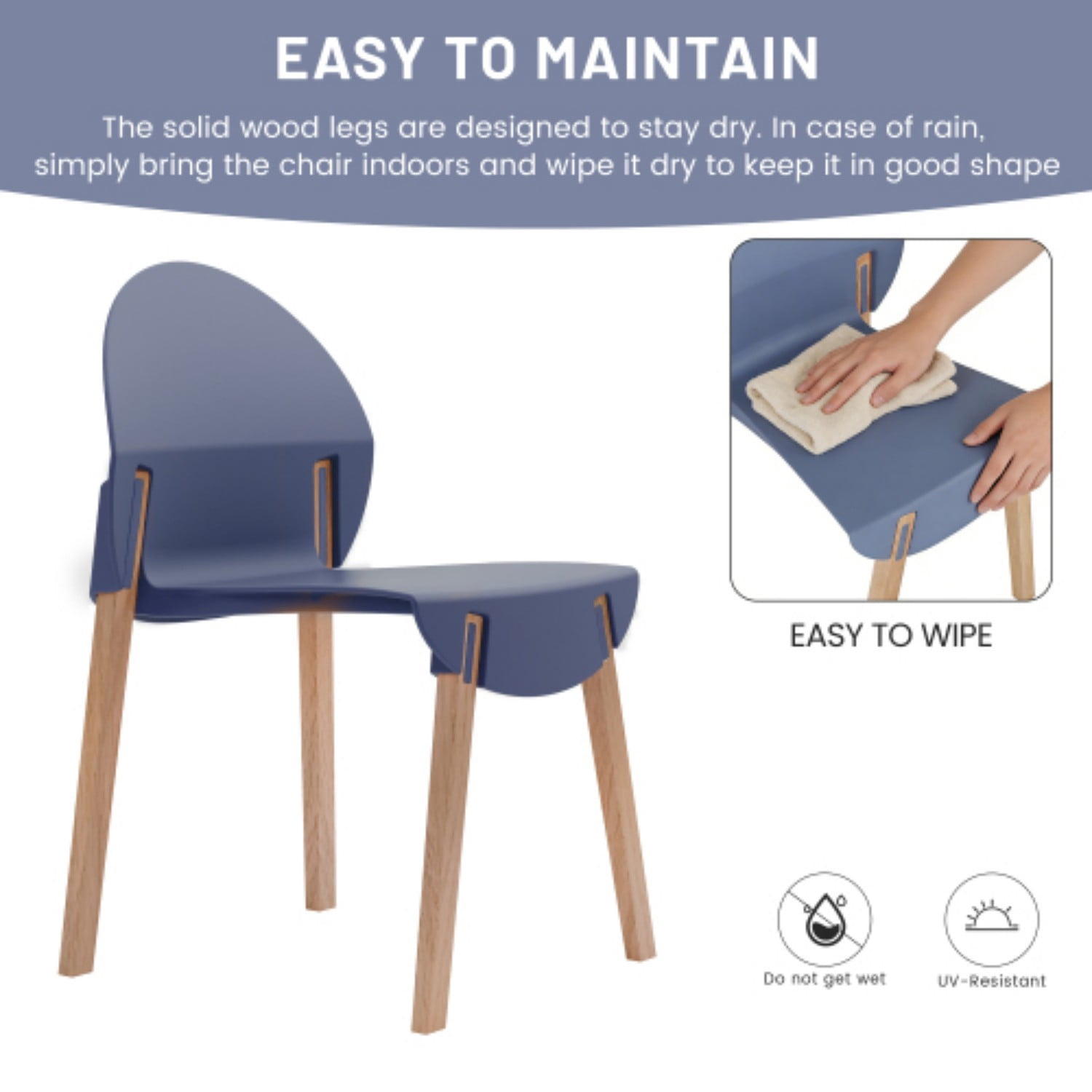 Dining Chairs Set of 4, Modern Kitchen Chairs with PP Seats & Solid Red Oak Wood Legs, 330 lb Capacity, Indoor Dining Room Living Room Chairs, Gray Blue