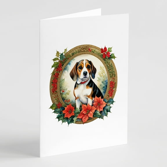 Beagle Christmas Flowers Greeting Cards Pack of 8 7 in x 5 in