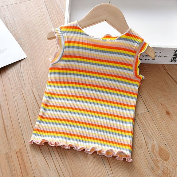 TIREOW Kids Girls' Ribbed Rainbow Striped Tank Tops Sleeveless Cotton Basic Slim Tees Casual Outfits Cute Ruffle Hight Neck Cami Shirt Summer Blouse Clothes
