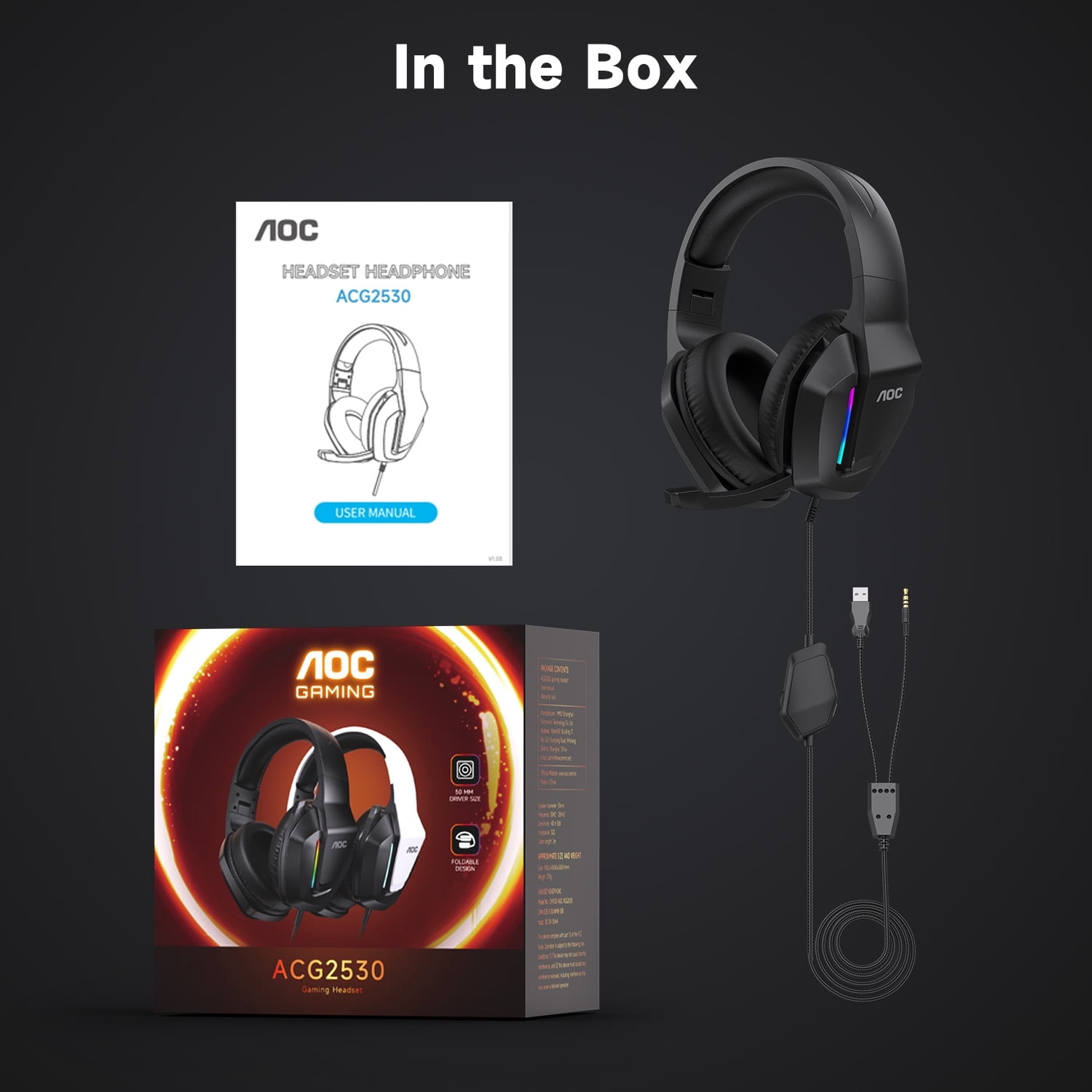 AOC Gaming Headset with Noise Cancelling Mic, Wired Gaming Headphone for PC, PS5, Xbox Series, Xbox Headset, Switch, MAC, High-Quality Sound, RGB Light, Foldable, Portable, Black