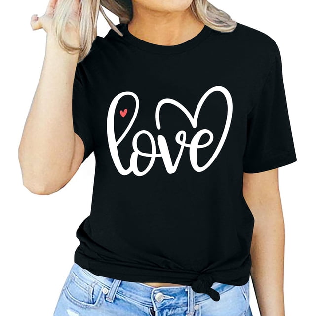 Meichang T-Shirt de la Saint-Valentin pour Femmes, Imprimé Cœur, Manches Courtes, Col Rond, Coupe Ample, Hauts de Vacances, Soldes 2025
