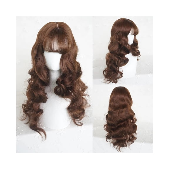 Brown Long Wavy Synthetic Fluffy Wig Heat Resistant Wig with Bangs for Daily Part