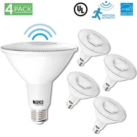 - Sunco Lighting 4 Pack PAR38 Motion Sensor Activated LED Light Bulb 13 Watt (100W Equivalent) 3000K Kelvin Warm White 1100 Lumens, 25,000 Hour Dimmable Indoor/Outdoor Flood - UL & Energy Star Listed