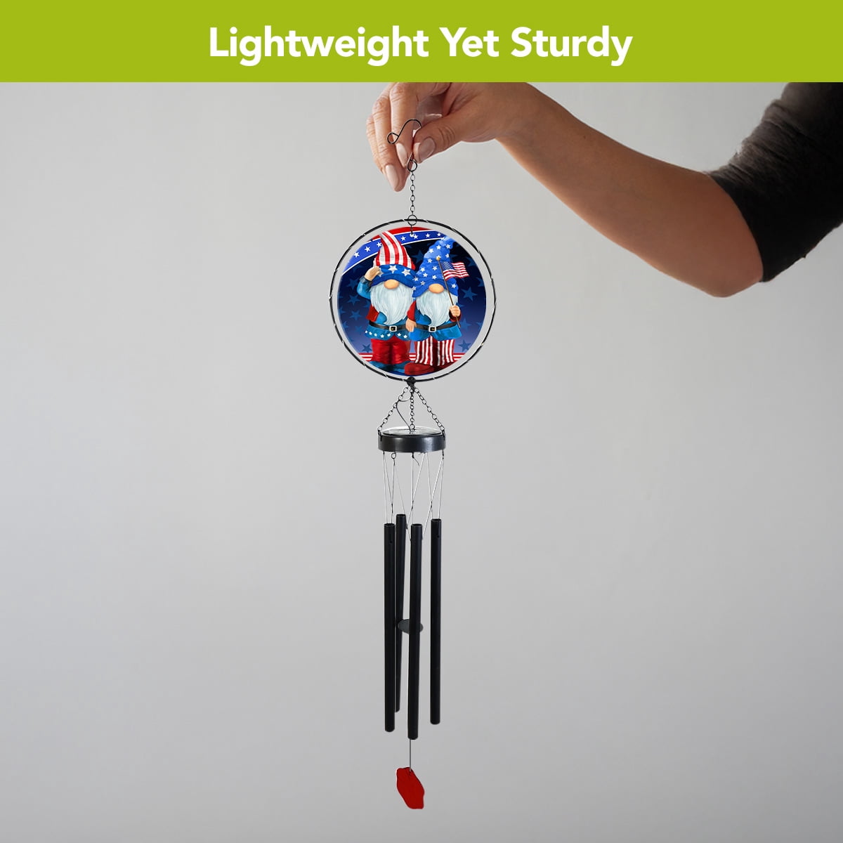 Briarwood Lane Everyday LED Illuminated Solar Powered Glass Suncatcher  Wind Chime 37x8 Patriotic Gnomes Wind Chime For Outdoors Melodic Metal Windchimes Wind-Chimes