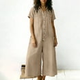 thumbnail image 7 of Vhkiploz A-Line Linen Jumpsuit For Women's One Piece Button Wide Leg Maxi Summer Sweatsuits Beach Vacation Travel Athletic Outfit Sets V-Neck Short Sleeve Solid Outwear Beach Rompers With Pockets, 7 of 7