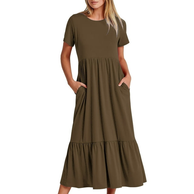 KIHOUT Robe Femme Été Décontractée à Manches Courtes Col Ras du Cou Robe Décontractée Fluide à Volants Maxi Robe de Plage avec Poches
