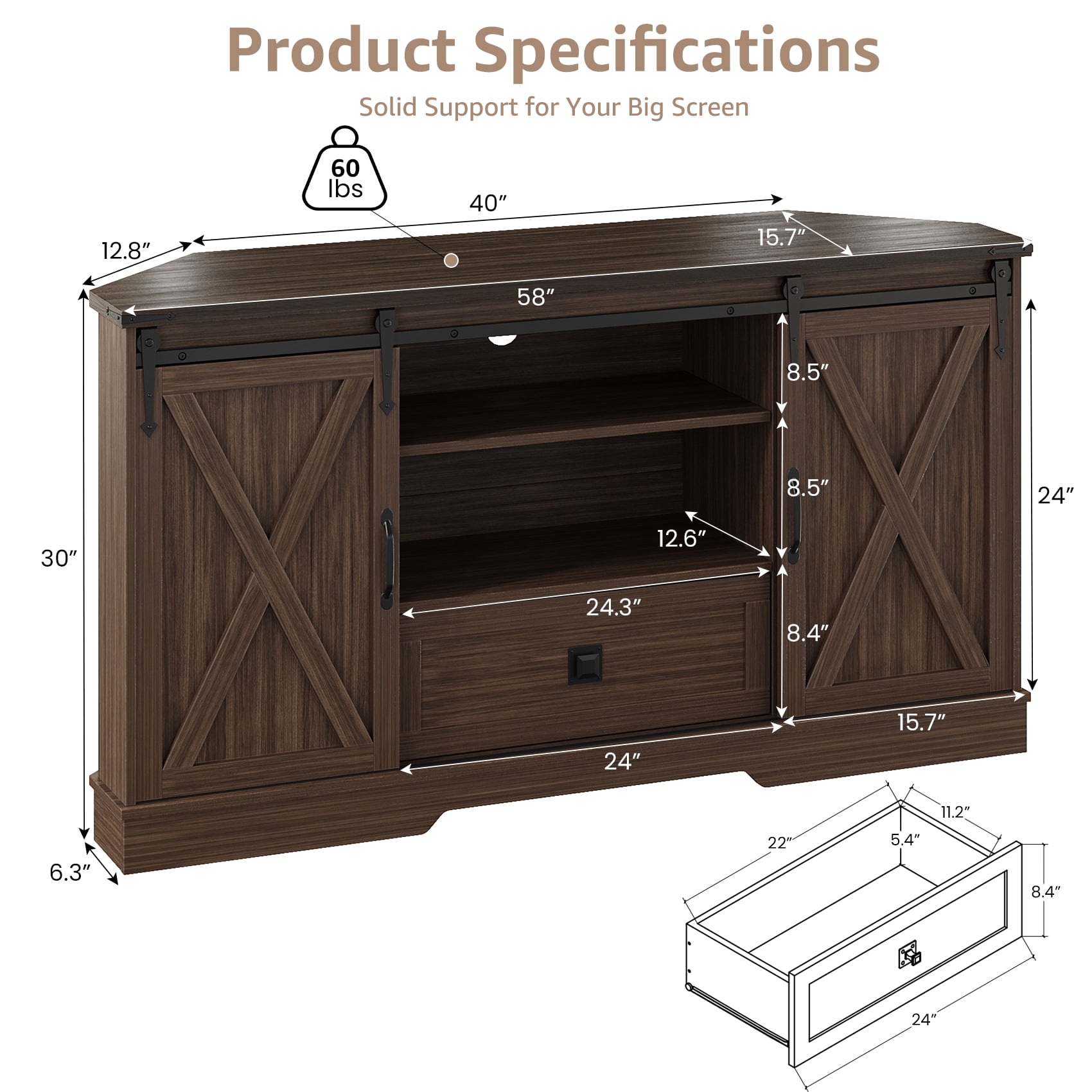 Farmhouse Corner TV Stand for 65" TV – Walnut Wood Entertainment Center with Sliding Barn Door & Storage Shelves – Media Console, 58"w x 15.7"d x 31"h