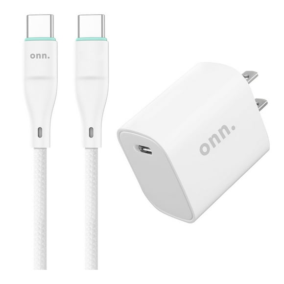 Combo Onn Cargador de Pared y Cable Tipo C a Tipo C 20W Power Delivery Blanco
