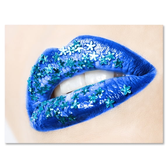 Designart ' Beautiful Woman Lips Blue With Flowers ' Modern Canvas Wall Art Print