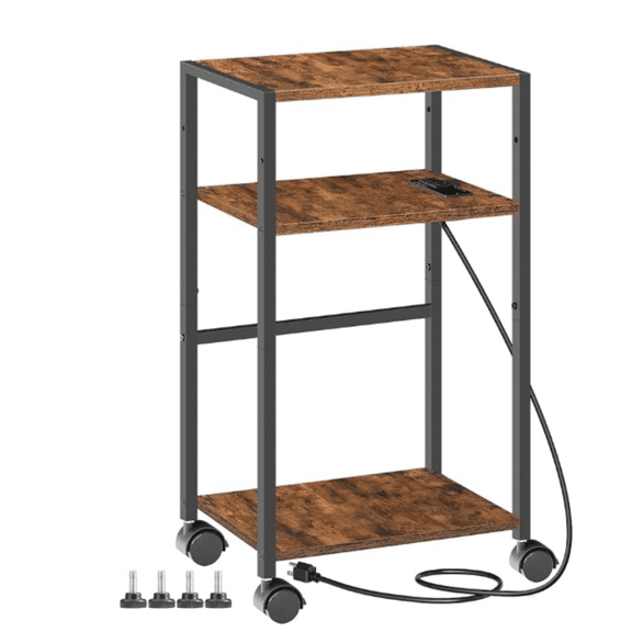 Computer Tower Stand, 3-Tier PC Tower Stand, PC Stand with Charging Station, Mobile CPU Stand Fits Most PC, Adjustable Shelf, for PC Tower, Printer, Home Office, Rustic Brown