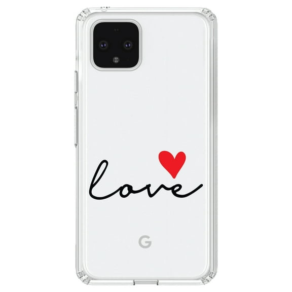 DistinctInk Clear Shockproof Hybrid Case for Google Pixel 4 (6.1" Screen) - TPU Bumper Acrylic Back Tempered Glass Screen Protector - Love Heart Black & Red