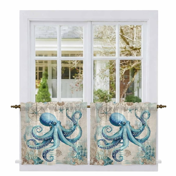 Teal Octopus Coastal Tier Curtains 24 Inch Length, Vintage Summer Beach Nautical Cafe Short Curtains for Bathroom Over Sink, Small Kitchen Curtain Light Filtering Tiered Drapes 2 Panels 27.5"Wx24"L
