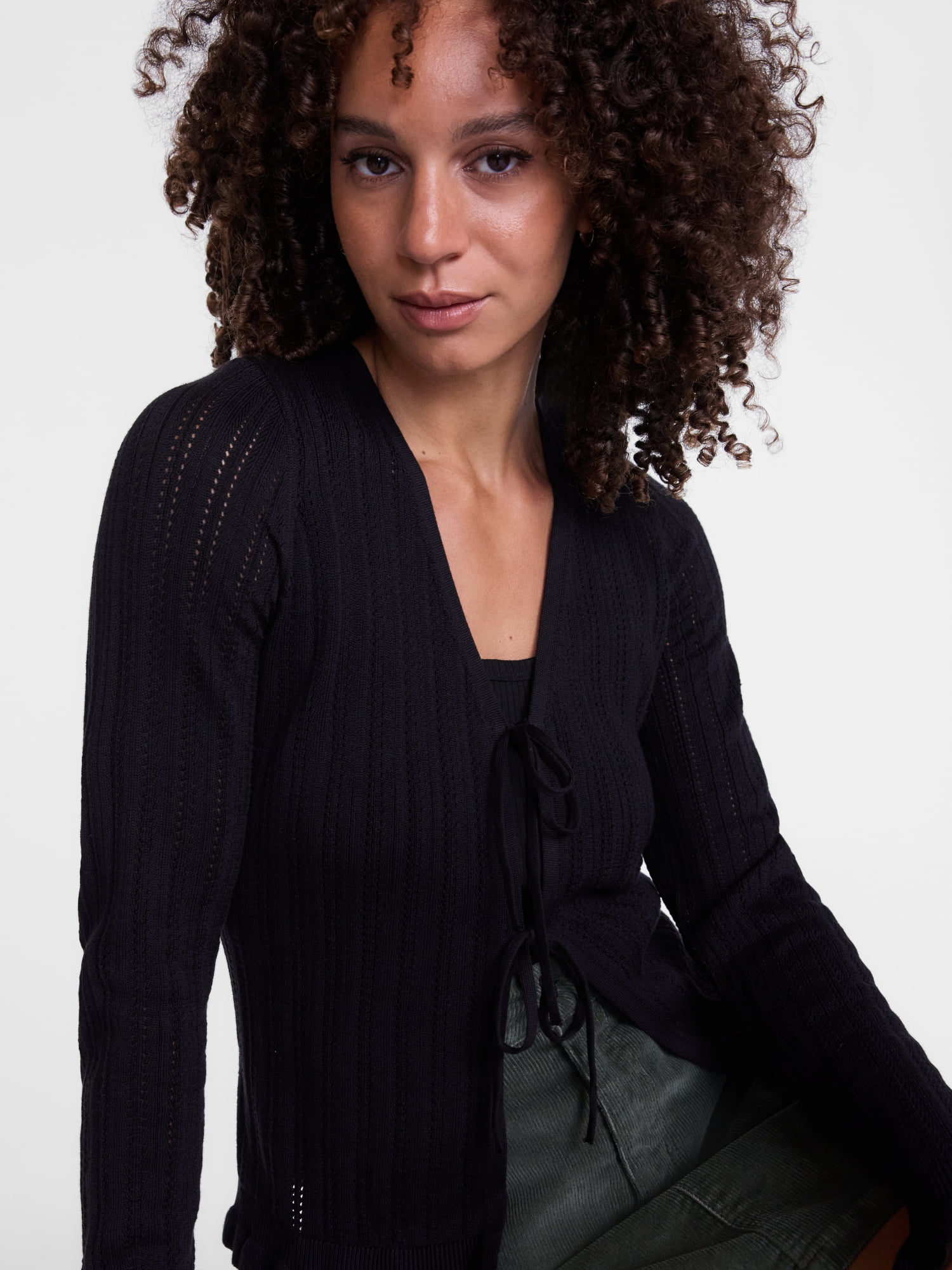 Scenario Women's Eyelet Tie Front Cardigan, Lightweight, Sizes XS-XXXL