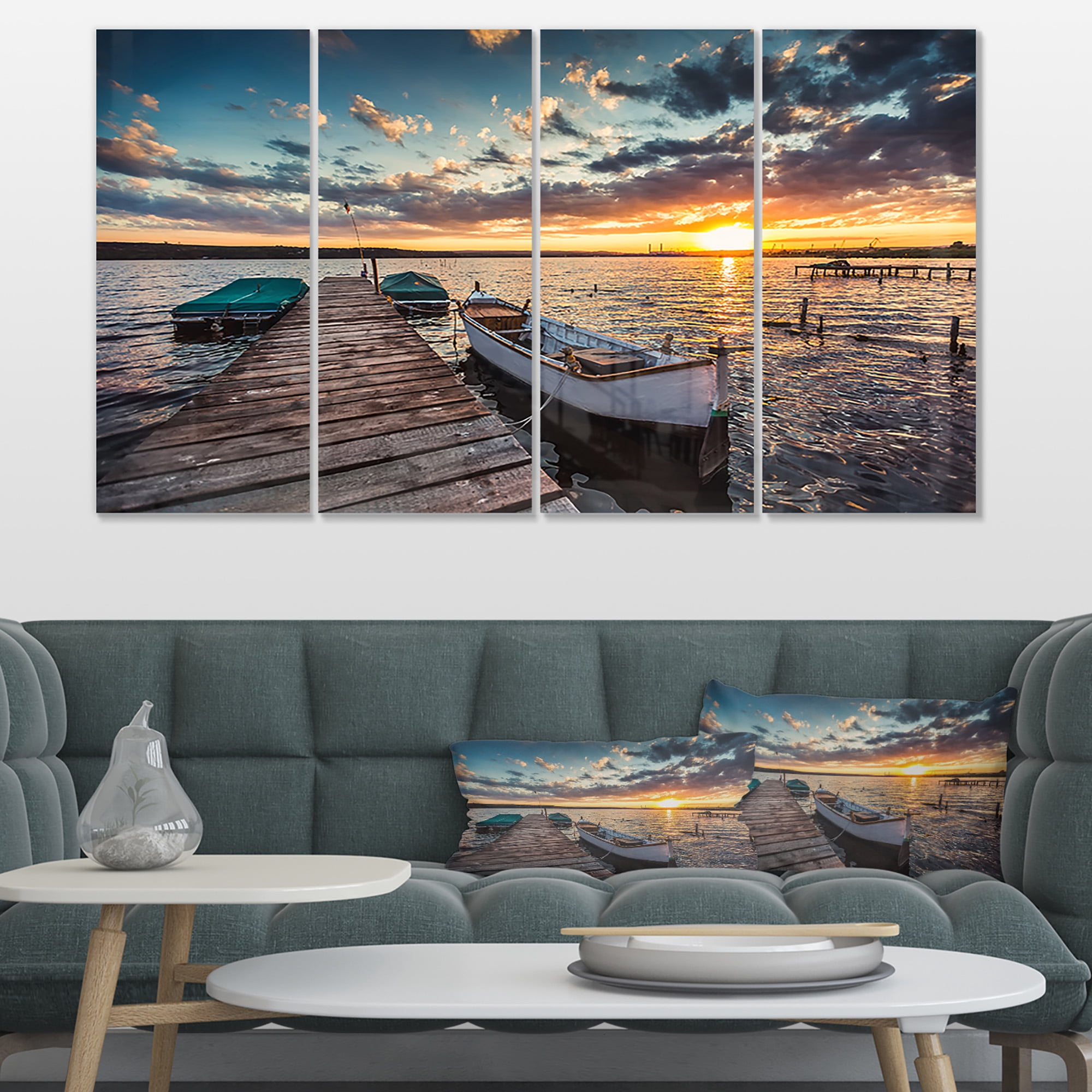 Designart 'Boats and Jetty under Dramatic Sky ' Modern Canvas Art Print