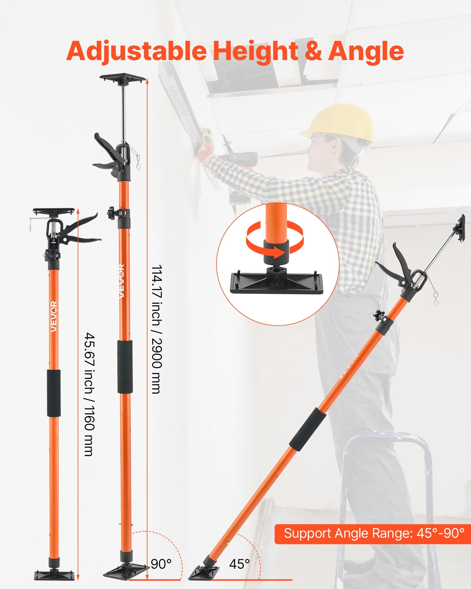 VEVOR Cabinet Jack Support Pole, 2-Pack, 45.7-114.2 Inch Steel Telescopic Quick Support Rod, Adjustable 3rd Hand System up to 154 lbs Capacity for Installing Cabinets, Lifting Drywall, Cargo Bars
