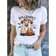 thumbnail image 2 of Funny Halloween Graphic, Casual Short Sleeve Top, Women's T-Shirt, Bullsheet Cow Ghost And Pumpkin Print, Autumn Holiday Party Wear, Gift For Friends, 2 of 6
